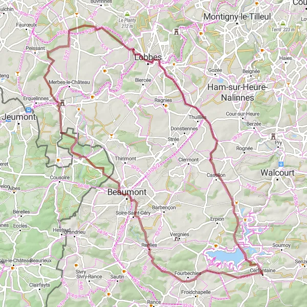 Miniature de la carte de l'inspiration cycliste "Parcours gravel autour de Cerfontaine" dans la Prov. Namur, Belgium. Générée par le planificateur d'itinéraire cycliste Tarmacs.app