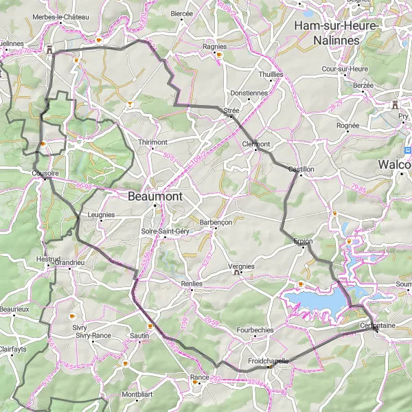 Miniatuurkaart van de fietsinspiratie "Fietsavontuur van Cerfontaine naar barrage" in Prov. Namur, Belgium. Gemaakt door de Tarmacs.app fietsrouteplanner