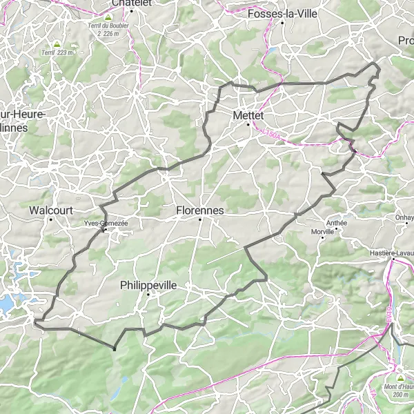 Miniatuurkaart van de fietsinspiratie "Uitdagende fietstocht langs de hoogtepunten" in Prov. Namur, Belgium. Gemaakt door de Tarmacs.app fietsrouteplanner