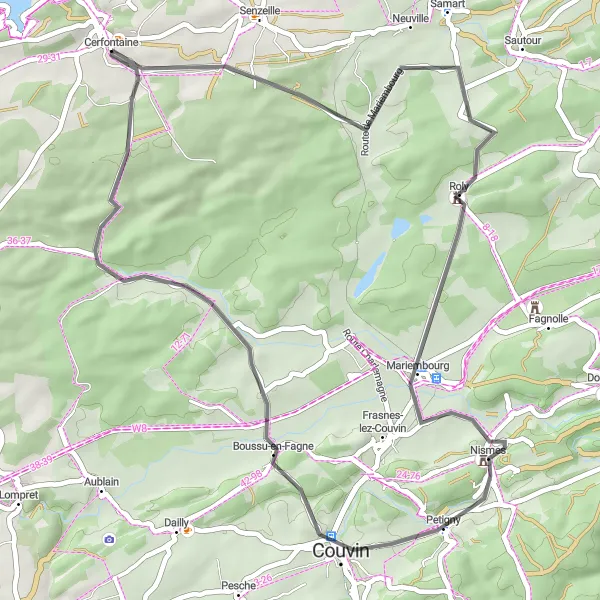 Map miniature of "The Roly Adventure" cycling inspiration in Prov. Namur, Belgium. Generated by Tarmacs.app cycling route planner