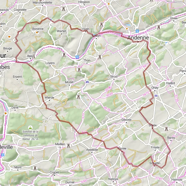 Map miniature of "Challenging Gravel Loop from Champion" cycling inspiration in Prov. Namur, Belgium. Generated by Tarmacs.app cycling route planner