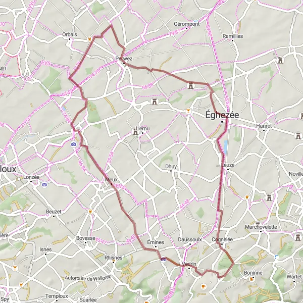 Miniature de la carte de l'inspiration cycliste "Tour de Meux et Éghezée" dans la Prov. Namur, Belgium. Générée par le planificateur d'itinéraire cycliste Tarmacs.app