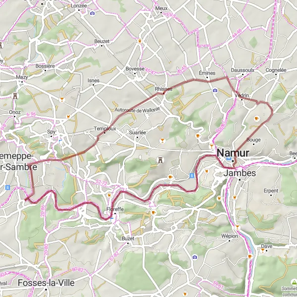 Map miniature of "Namur Gravel Adventure" cycling inspiration in Prov. Namur, Belgium. Generated by Tarmacs.app cycling route planner