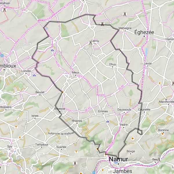 Miniature de la carte de l'inspiration cycliste "Boucle vers Saint-Servais et Upigny" dans la Prov. Namur, Belgium. Générée par le planificateur d'itinéraire cycliste Tarmacs.app