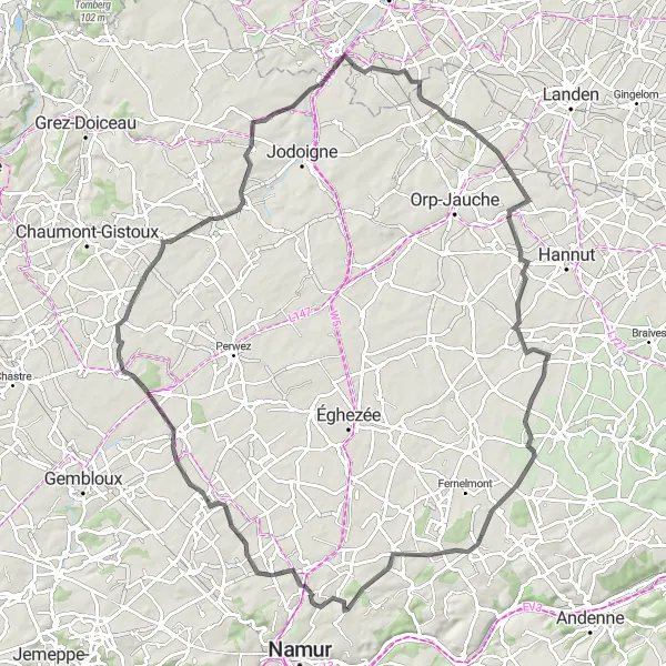 Karten-Miniaturansicht der Radinspiration "Die Mühle Defrenne und das Schloss Ulens" in Prov. Namur, Belgium. Erstellt vom Tarmacs.app-Routenplaner für Radtouren