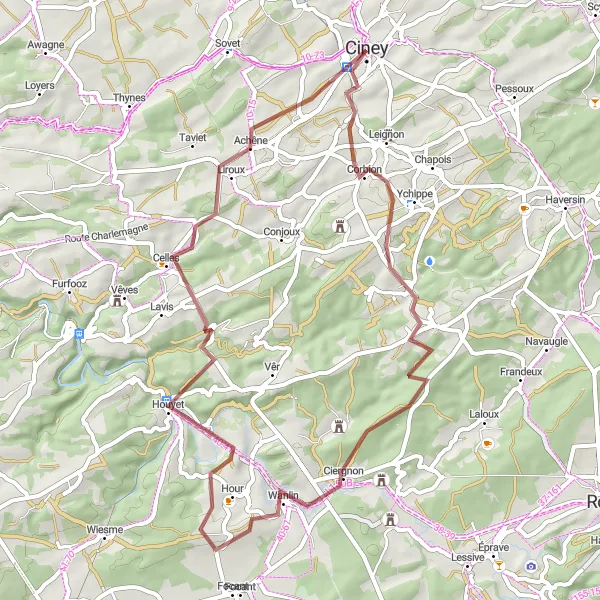 Miniatuurkaart van de fietsinspiratie "Bosrijk en landelijk parcours rond Ciney" in Prov. Namur, Belgium. Gemaakt door de Tarmacs.app fietsrouteplanner