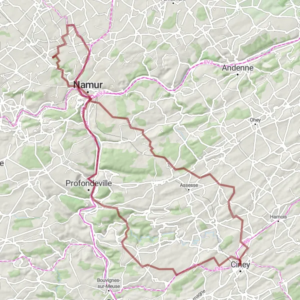Miniatuurkaart van de fietsinspiratie "Gravelavontuur naar Namur" in Prov. Namur, Belgium. Gemaakt door de Tarmacs.app fietsrouteplanner