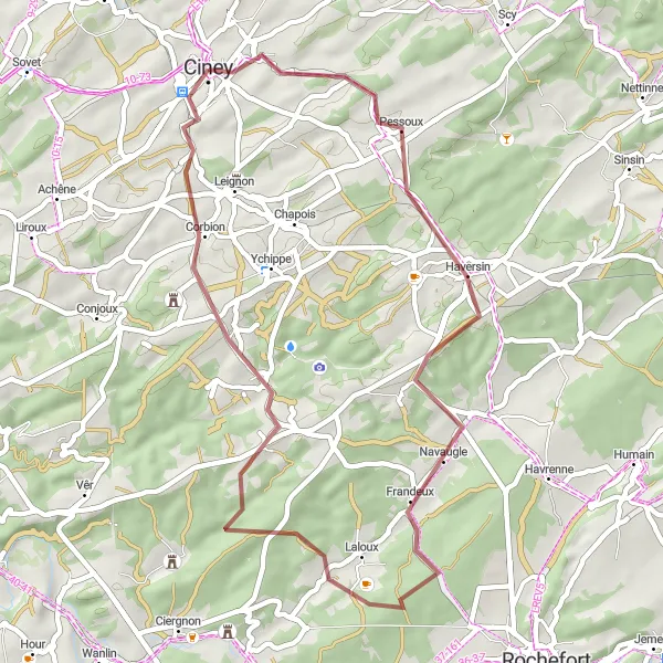 Miniature de la carte de l'inspiration cycliste "Boucle de Chevetogne" dans la Prov. Namur, Belgium. Générée par le planificateur d'itinéraire cycliste Tarmacs.app