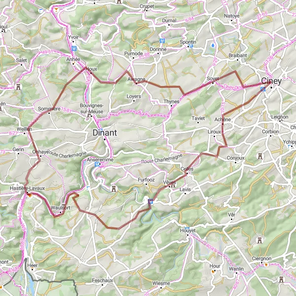 Miniatuurkaart van de fietsinspiratie "Gravelavontuur in de regio Ciney" in Prov. Namur, Belgium. Gemaakt door de Tarmacs.app fietsrouteplanner