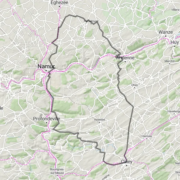 Map miniature of "The Enchanting Countryside of Namur" cycling inspiration in Prov. Namur, Belgium. Generated by Tarmacs.app cycling route planner