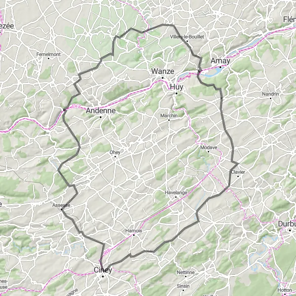 Map miniature of "The Thrilling Hills of Bonneville" cycling inspiration in Prov. Namur, Belgium. Generated by Tarmacs.app cycling route planner