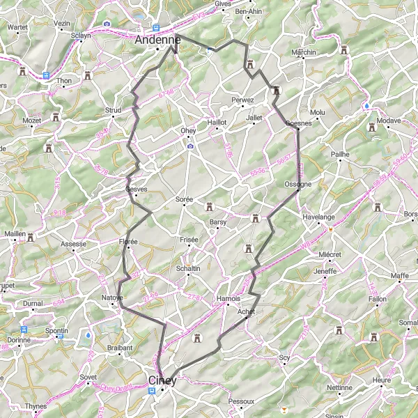 Miniature de la carte de l'inspiration cycliste "Sentier des Châteaux" dans la Prov. Namur, Belgium. Générée par le planificateur d'itinéraire cycliste Tarmacs.app