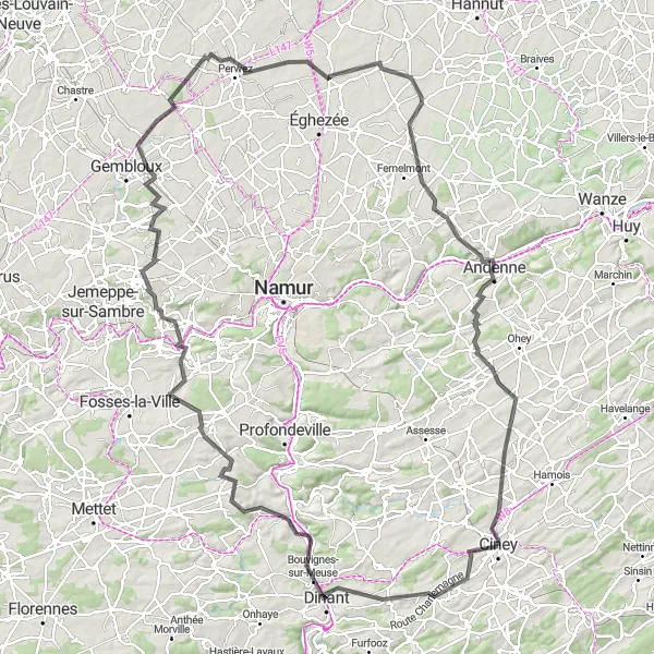 Map miniature of "The Majestic Climb to Dinant" cycling inspiration in Prov. Namur, Belgium. Generated by Tarmacs.app cycling route planner