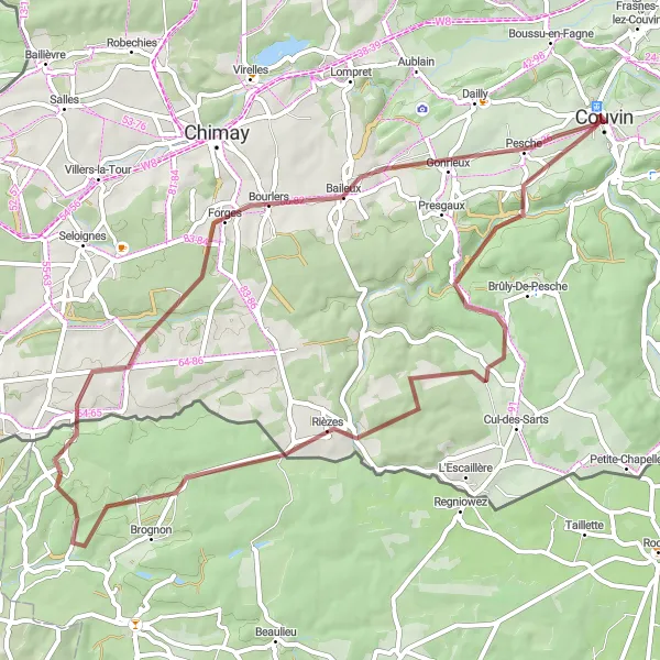 Miniature de la carte de l'inspiration cycliste "Les Sentiers des Ardennes" dans la Prov. Namur, Belgium. Générée par le planificateur d'itinéraire cycliste Tarmacs.app