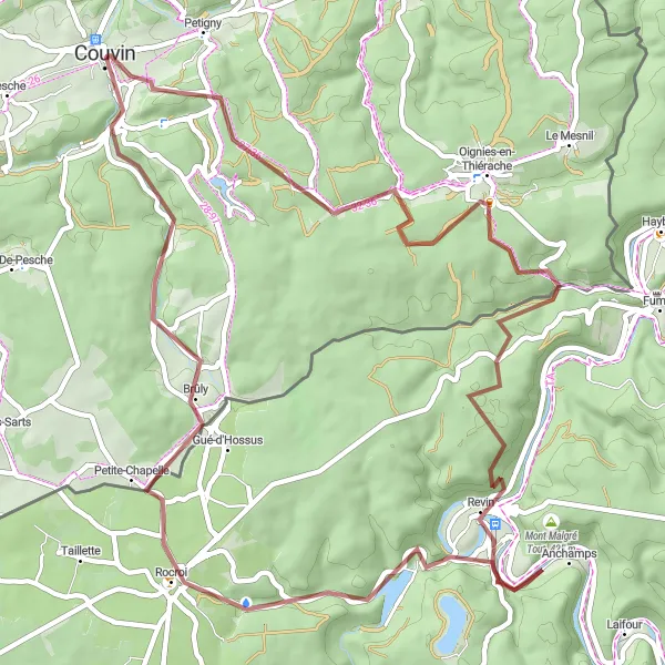 Karten-Miniaturansicht der Radinspiration "Ländliche Erkundung von Couvin" in Prov. Namur, Belgium. Erstellt vom Tarmacs.app-Routenplaner für Radtouren