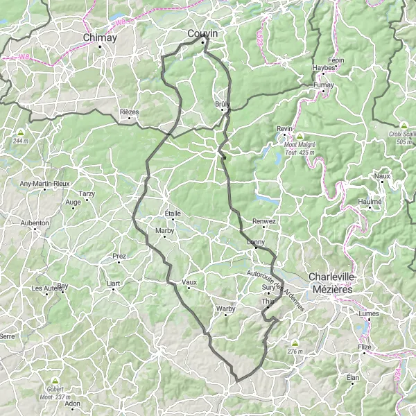 Karten-Miniaturansicht der Radinspiration "Herausfordernde Strecke durch die Ardennen" in Prov. Namur, Belgium. Erstellt vom Tarmacs.app-Routenplaner für Radtouren