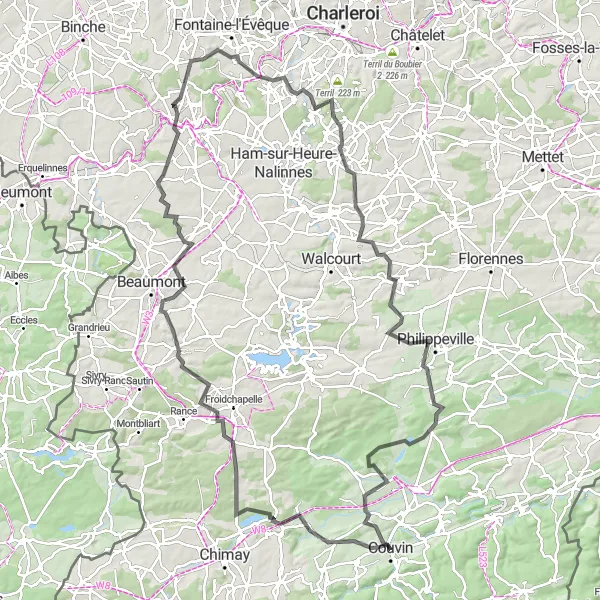 Map miniature of "Challenging Hilltop Ride" cycling inspiration in Prov. Namur, Belgium. Generated by Tarmacs.app cycling route planner