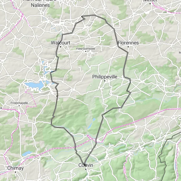 Map miniature of "The Scenic Countryside" cycling inspiration in Prov. Namur, Belgium. Generated by Tarmacs.app cycling route planner