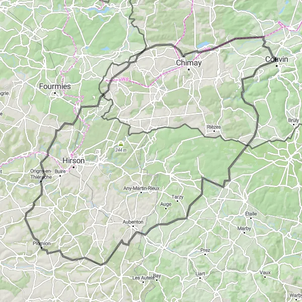 Miniatuurkaart van de fietsinspiratie "Uitdagende wegtocht rond Couvin" in Prov. Namur, Belgium. Gemaakt door de Tarmacs.app fietsrouteplanner