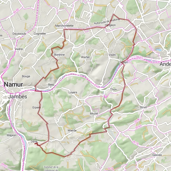 Map miniature of "Namur Hinterland Gravel" cycling inspiration in Prov. Namur, Belgium. Generated by Tarmacs.app cycling route planner