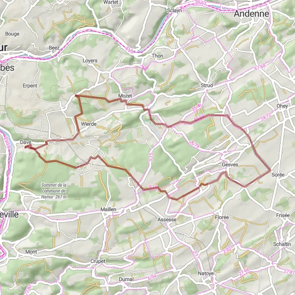 Map miniature of "Gesves Gravel Adventure" cycling inspiration in Prov. Namur, Belgium. Generated by Tarmacs.app cycling route planner