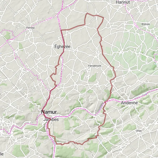 Map miniature of "Scenic Gravel Adventure" cycling inspiration in Prov. Namur, Belgium. Generated by Tarmacs.app cycling route planner