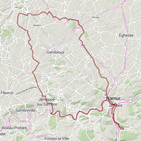 Map miniature of "Discovering Gravel Paths and Historic Sites" cycling inspiration in Prov. Namur, Belgium. Generated by Tarmacs.app cycling route planner