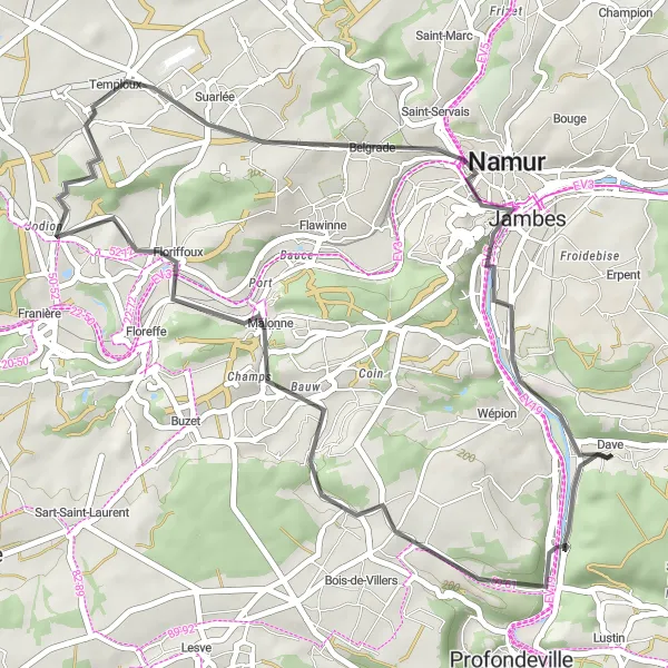 Map miniature of "Dave Mini Road Loop" cycling inspiration in Prov. Namur, Belgium. Generated by Tarmacs.app cycling route planner