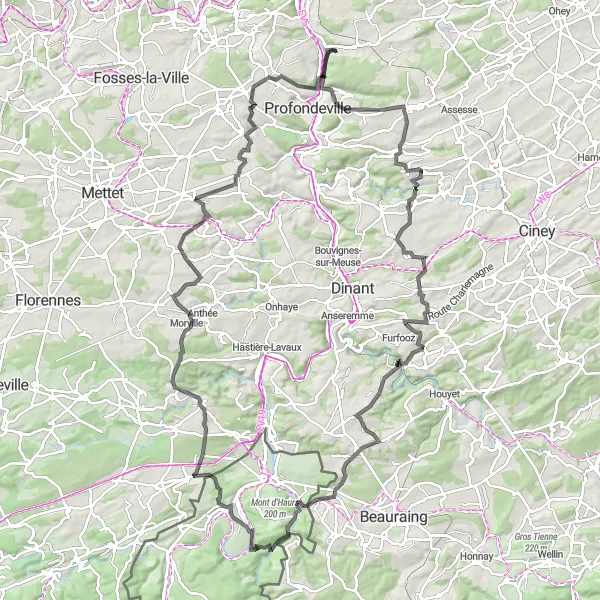 Map miniature of "Crupet and Landrichamps Circuit" cycling inspiration in Prov. Namur, Belgium. Generated by Tarmacs.app cycling route planner