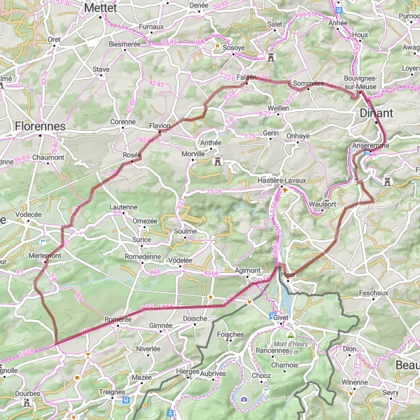 Map miniature of "Gravel Adventure through Villages and Nature" cycling inspiration in Prov. Namur, Belgium. Generated by Tarmacs.app cycling route planner