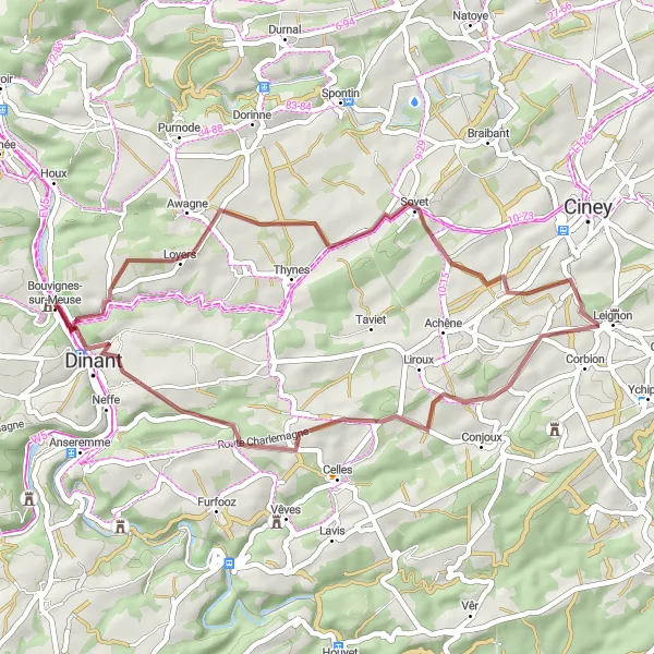 Map miniature of "Gravelly Adventure to Château de Crèvecœur" cycling inspiration in Prov. Namur, Belgium. Generated by Tarmacs.app cycling route planner