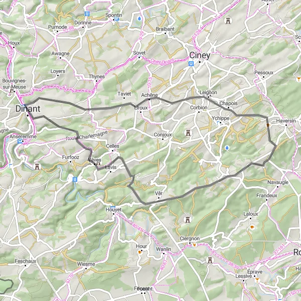 Map miniature of "Dinant and Neffe Loop" cycling inspiration in Prov. Namur, Belgium. Generated by Tarmacs.app cycling route planner