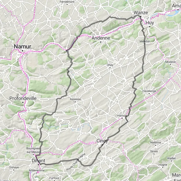 Map miniature of "Château Adventure" cycling inspiration in Prov. Namur, Belgium. Generated by Tarmacs.app cycling route planner