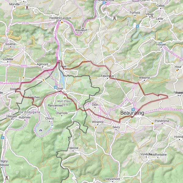 Karten-Miniaturansicht der Radinspiration "Gravel Route durch Doische und Umgebung" in Prov. Namur, Belgium. Erstellt vom Tarmacs.app-Routenplaner für Radtouren