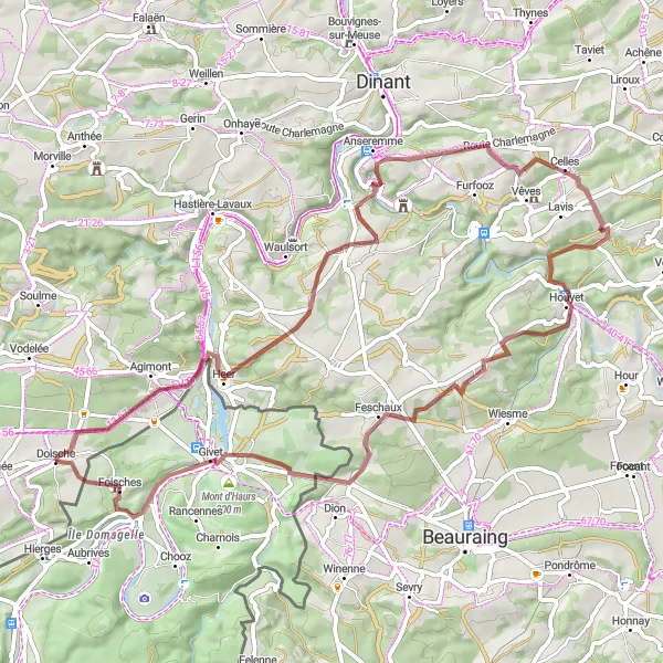 Miniature de la carte de l'inspiration cycliste "Boucle des Chemins de Gravel" dans la Prov. Namur, Belgium. Générée par le planificateur d'itinéraire cycliste Tarmacs.app