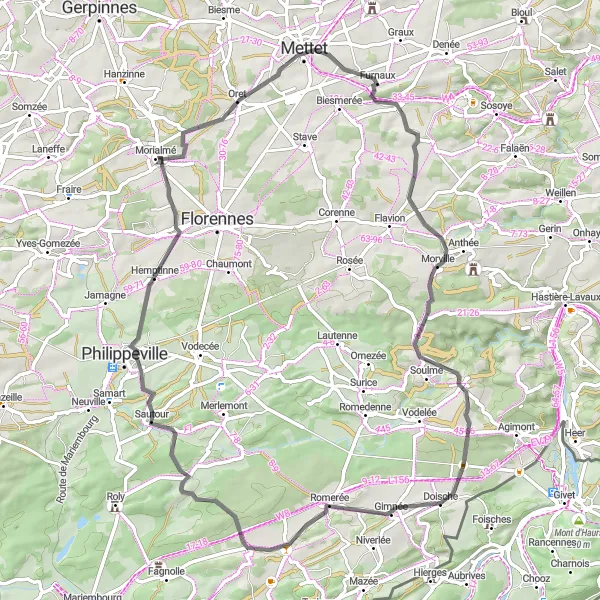 Karten-Miniaturansicht der Radinspiration "Matagne-la-Petite und Morville Rundfahrt" in Prov. Namur, Belgium. Erstellt vom Tarmacs.app-Routenplaner für Radtouren