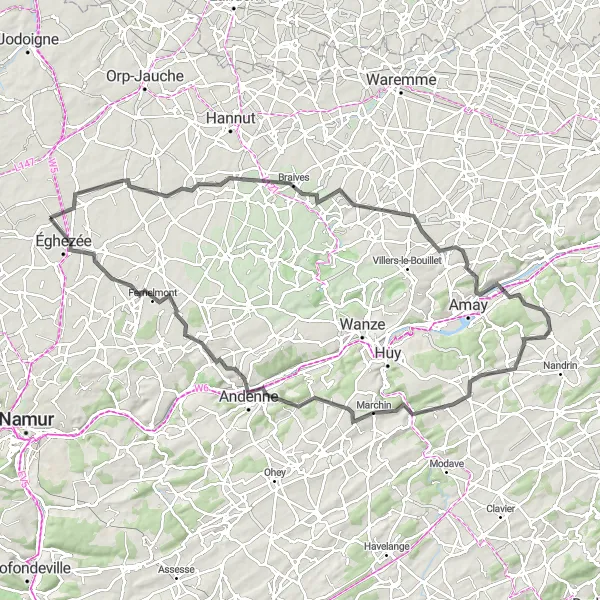 Map miniature of "Wasseiges - Braives - Flône - Vierset-Barse - Seilles - Éghezée Road Cycling Route" cycling inspiration in Prov. Namur, Belgium. Generated by Tarmacs.app cycling route planner