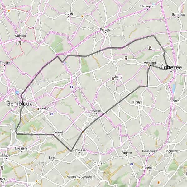 Map miniature of "Mehaigne - Saint-Denis - Gembloux - Noville-sur-Mehaigne Road Cycling Route" cycling inspiration in Prov. Namur, Belgium. Generated by Tarmacs.app cycling route planner