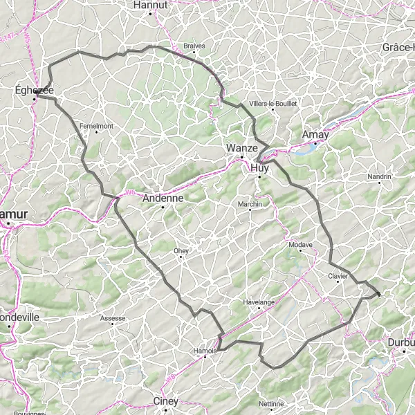 Map miniature of "Ocquier - Barvaux-Condroz - Sorée - Bonneville - Franc-Waret - Hanret - Wasseiges - Fallais - Tihange - Éghezée Road Cycling Route" cycling inspiration in Prov. Namur, Belgium. Generated by Tarmacs.app cycling route planner