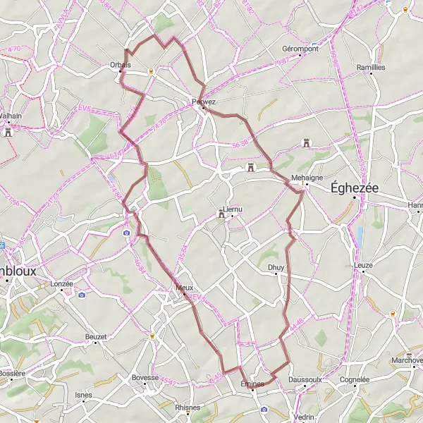 Map miniature of "Meux Gravel Loop" cycling inspiration in Prov. Namur, Belgium. Generated by Tarmacs.app cycling route planner