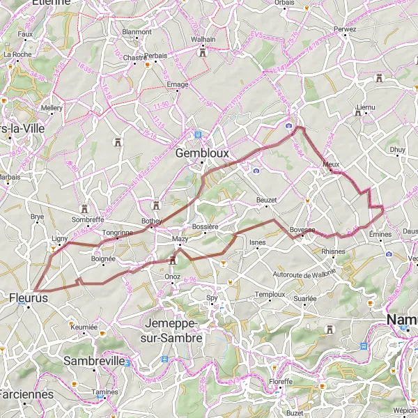 Miniatuurkaart van de fietsinspiratie "Gravelroute van Émines naar Bovesse" in Prov. Namur, Belgium. Gemaakt door de Tarmacs.app fietsrouteplanner