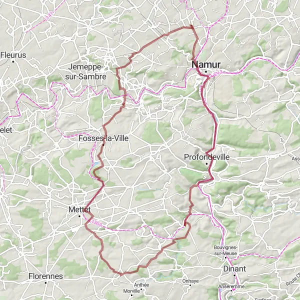 Miniatuurkaart van de fietsinspiratie "Gravelroute rond Émines en omgeving" in Prov. Namur, Belgium. Gemaakt door de Tarmacs.app fietsrouteplanner