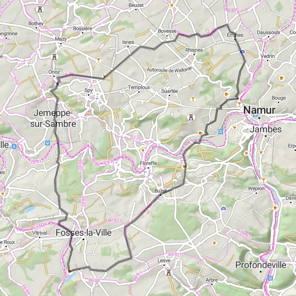 Map miniature of "Valleys and Views" cycling inspiration in Prov. Namur, Belgium. Generated by Tarmacs.app cycling route planner