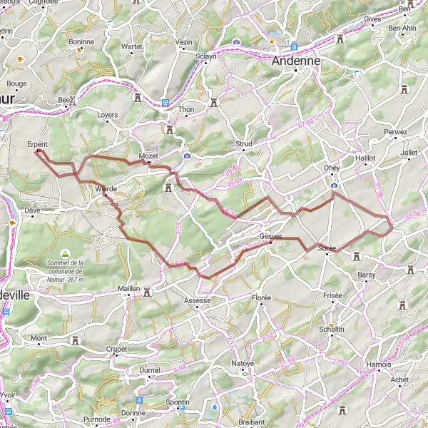 Map miniature of "Erpent to Faulx-Les Tombes Gravel Loop" cycling inspiration in Prov. Namur, Belgium. Generated by Tarmacs.app cycling route planner