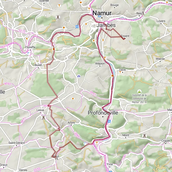 Miniatuurkaart van de fietsinspiratie "Gravelroute door Namur en omgeving" in Prov. Namur, Belgium. Gemaakt door de Tarmacs.app fietsrouteplanner