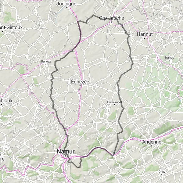 Miniatuurkaart van de fietsinspiratie "Ontdek het Platteland van Jauche" in Prov. Namur, Belgium. Gemaakt door de Tarmacs.app fietsrouteplanner