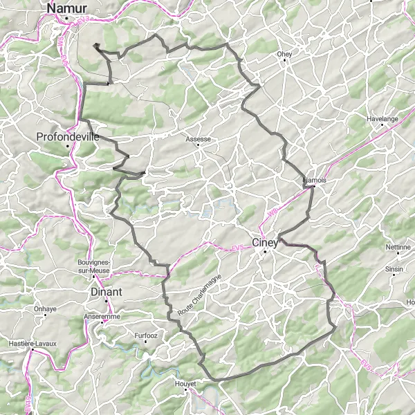 Map miniature of "Namur Hill Challenge" cycling inspiration in Prov. Namur, Belgium. Generated by Tarmacs.app cycling route planner