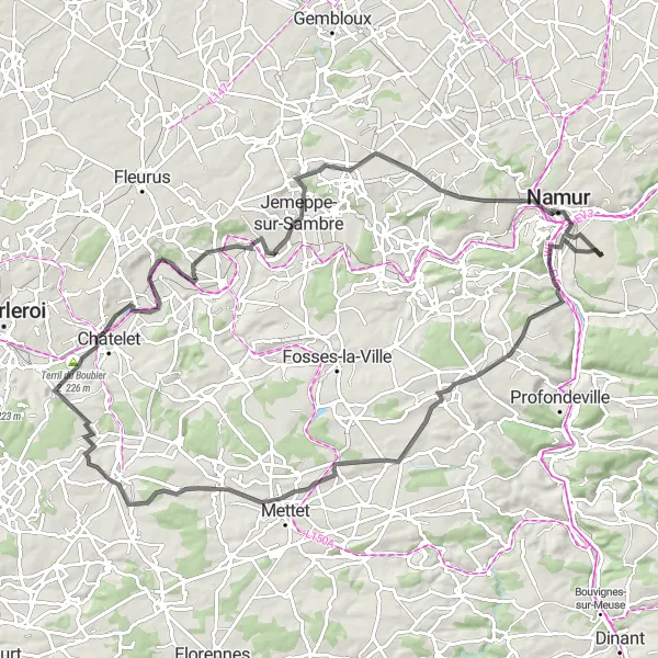 Map miniature of "Wépion to Namur Loop" cycling inspiration in Prov. Namur, Belgium. Generated by Tarmacs.app cycling route planner