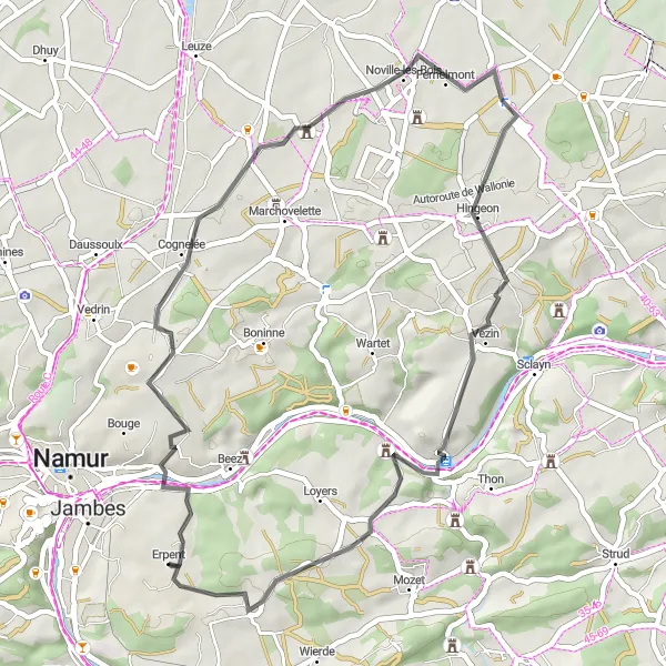 Map miniature of "Feu de Bouge to Tilier Loop" cycling inspiration in Prov. Namur, Belgium. Generated by Tarmacs.app cycling route planner