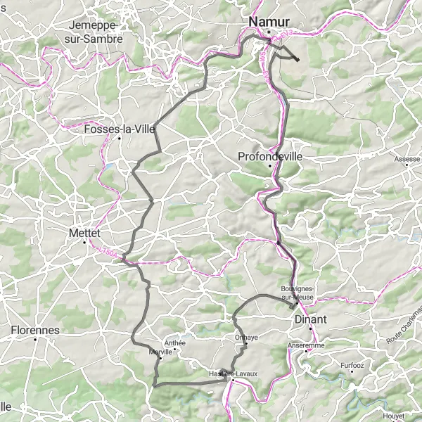 Map miniature of "Hilly Meuse Adventure" cycling inspiration in Prov. Namur, Belgium. Generated by Tarmacs.app cycling route planner